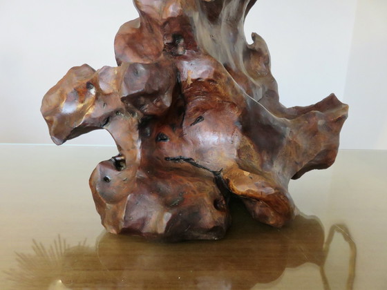 Image 1 of Imposante Brutalistische Olijfhouten Lamp, 1970