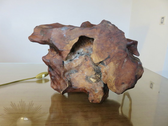 Image 1 of Imposante Brutalistische Olijfhouten Lamp, 1970