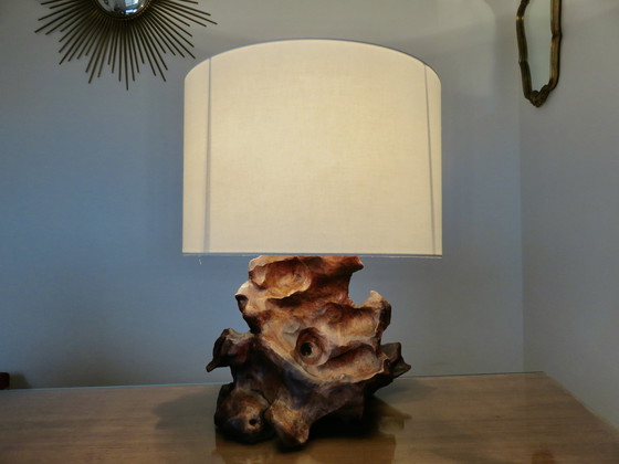 Image 1 of Imposante Brutalistische Olijfhouten Lamp, 1970