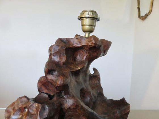 Image 1 of Imposante Brutalistische Olijfhouten Lamp, 1970