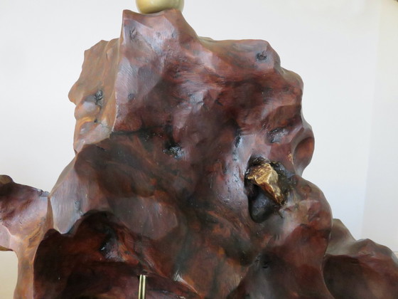 Image 1 of Imposante Brutalistische Olijfhouten Lamp, 1970