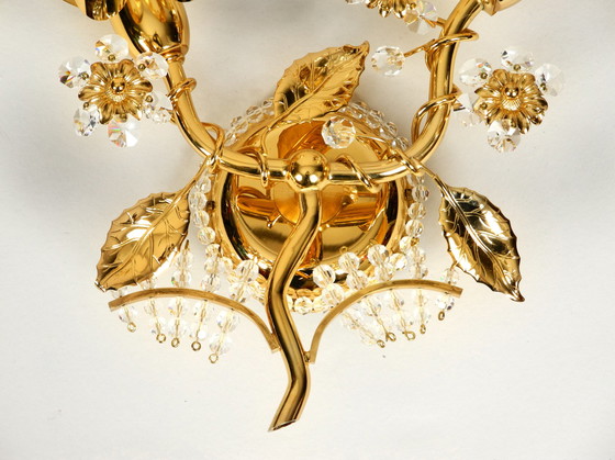 Image 1 of Zeer elegante grote 1970s messing kristallen glazen bloemen wandlamp van Ernst Palme in ongebruikte staat