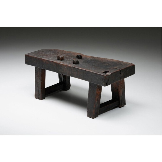 Image 1 of Vintage Rustiek Wabi-Sabi donkerbruin bankje, jaren 1920