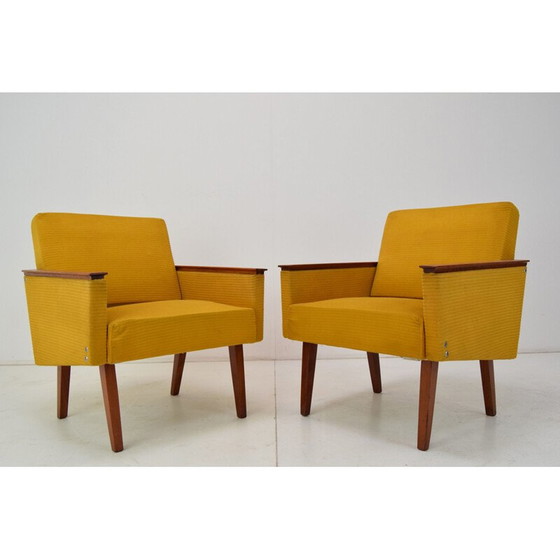 Image 1 of Paar vintage fauteuils in stof en hout, Tsjecho-Slowakije 1960