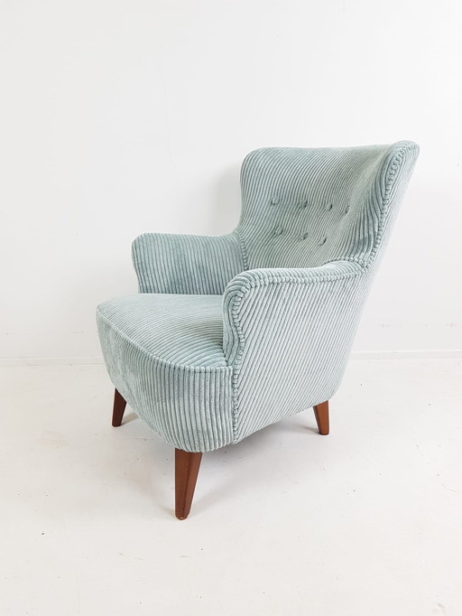 Artifort lichtblauwe fauteuil Theo Ruth ribstof blauw