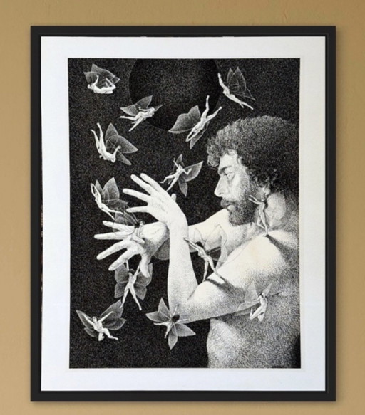 Michel Ghinet ( 1944 ) Subliem surrealistisch werk in inkt " Papillons De Nuit " ("Nachtvlinders")