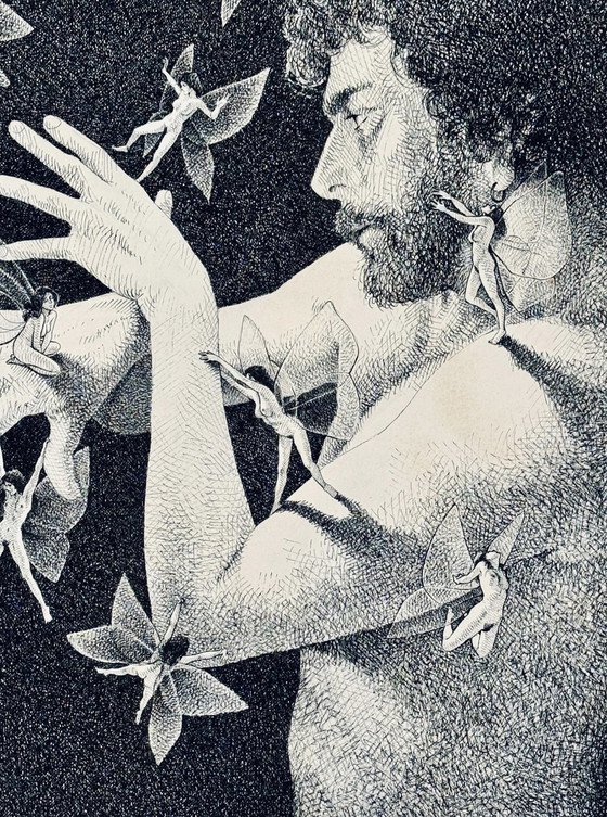 Image 1 of Michel Ghinet ( 1944 ) Subliem surrealistisch werk in inkt " Papillons De Nuit " ("Nachtvlinders")