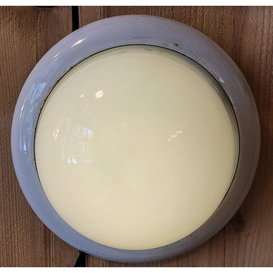 Image 1 of Vintage plafondlamp in opaline glas en wit geëmailleerd plaatstaal voor Gal, 1940
