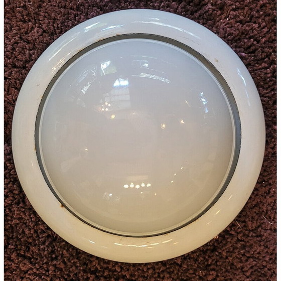 Image 1 of Vintage plafondlamp in opaline glas en wit geëmailleerd plaatstaal voor Gal, 1940