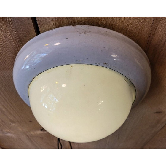 Image 1 of Vintage plafondlamp in opaline glas en wit geëmailleerd plaatstaal voor Gal, 1940