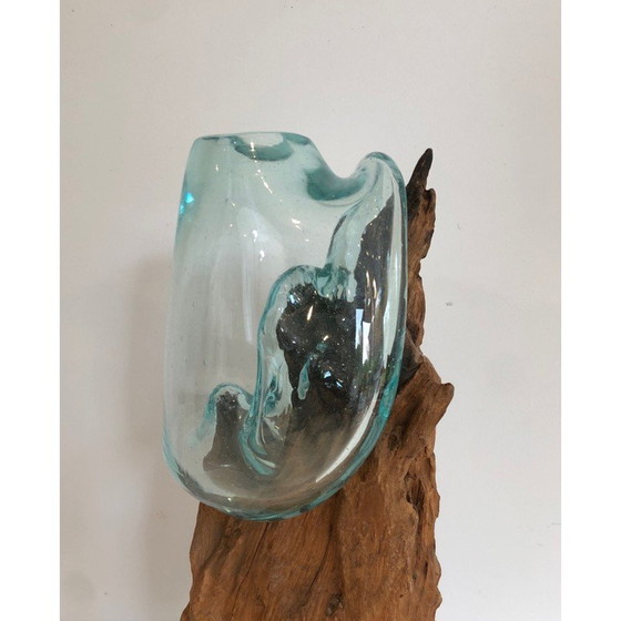 Image 1 of Paar vintage vazen van hout en glas, Frankrijk 1980