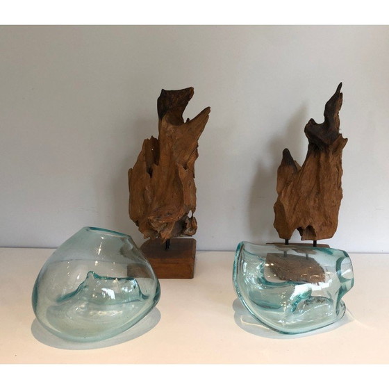 Image 1 of Paar vintage vazen van hout en glas, Frankrijk 1980