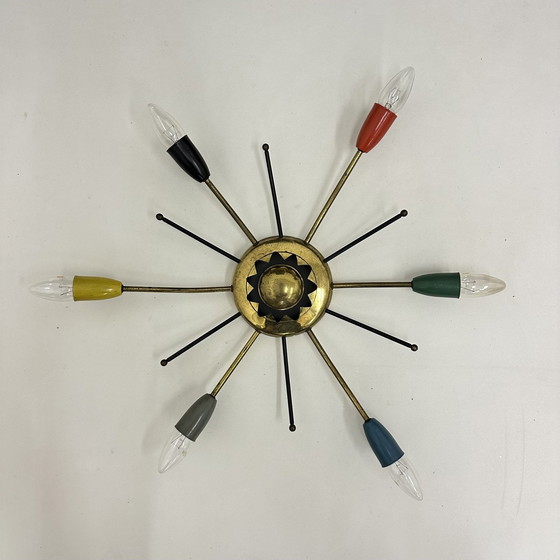 Image 1 of Mid Century Moderne Messing Spider Plafondlamp 1950S