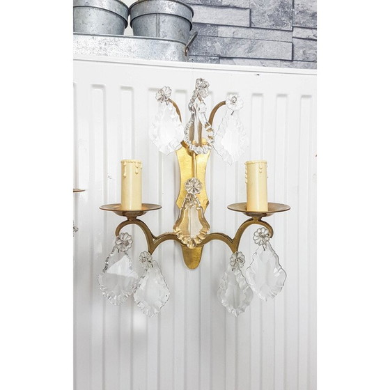 Image 1 of Paar vintage bronzen en kristallen wandlampen