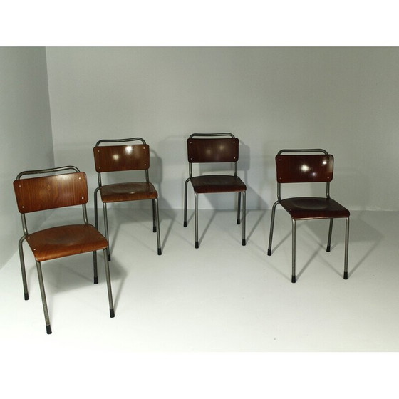 Image 1 of Set van 4 vintage eetkamerstoelen model 106 in metaal en Delfts multiplex van W.H.Gispen, 1950