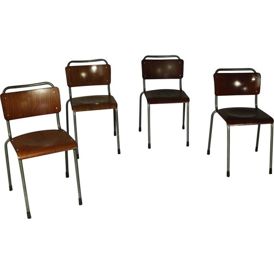 Image 1 of Set van 4 vintage eetkamerstoelen model 106 in metaal en Delfts multiplex van W.H.Gispen, 1950