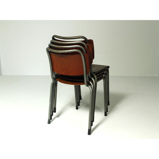 Set van 4 vintage eetkamerstoelen model 106 in metaal en Delfts multiplex van W.H.Gispen, 1950