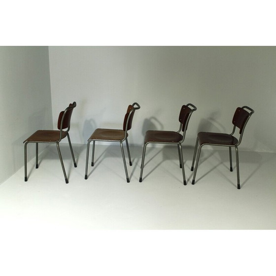 Image 1 of Set van 4 vintage eetkamerstoelen model 106 in metaal en Delfts multiplex van W.H.Gispen, 1950