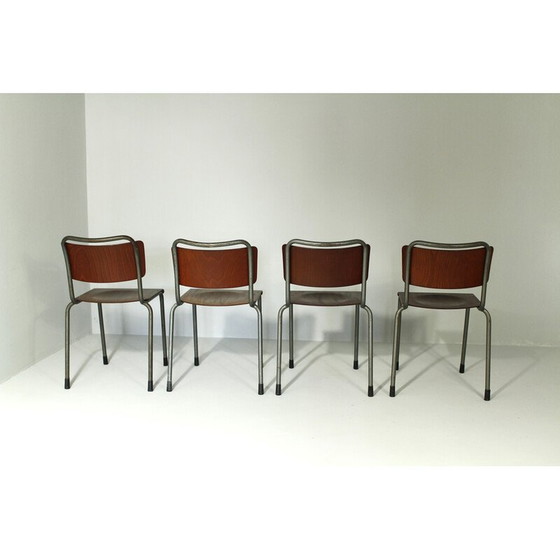 Image 1 of Set van 4 vintage eetkamerstoelen model 106 in metaal en Delfts multiplex van W.H.Gispen, 1950
