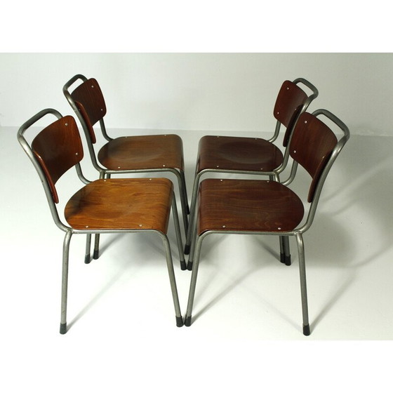 Image 1 of Set van 4 vintage eetkamerstoelen model 106 in metaal en Delfts multiplex van W.H.Gispen, 1950