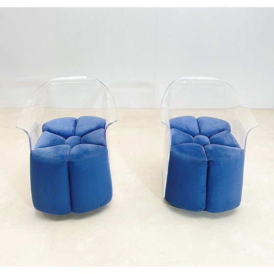 Image 1 of Paar mid-century blauwe fluwelen en lucite fauteuils, Italië 1970
