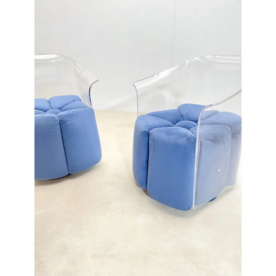 Image 1 of Paar mid-century blauwe fluwelen en lucite fauteuils, Italië 1970