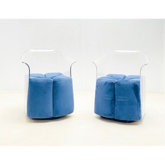 Image 1 of Paar mid-century blauwe fluwelen en lucite fauteuils, Italië 1970