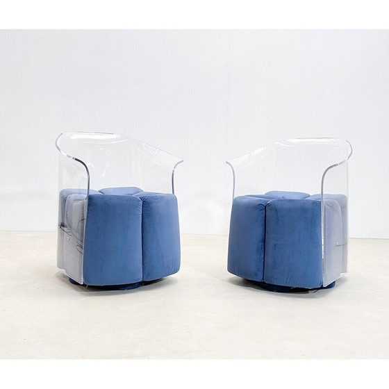 Image 1 of Paar mid-century blauwe fluwelen en lucite fauteuils, Italië 1970
