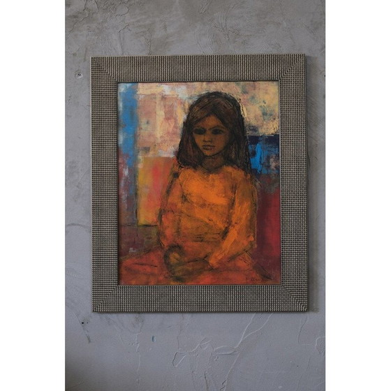 Image 1 of Portret van een vintage meisje in gouache op papier door Christian Bjorn Larsen, 1965