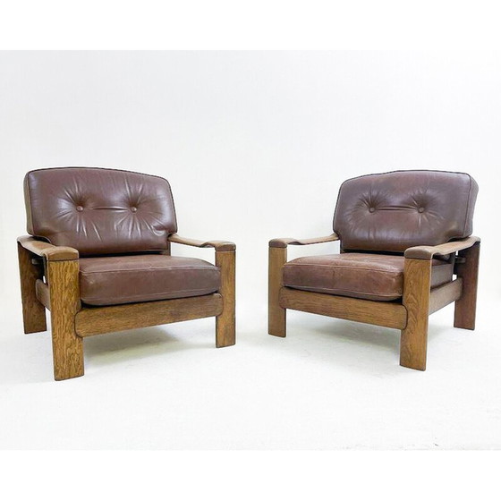 Image 1 of Paar vintage leren en eikenhouten fauteuils, 1960