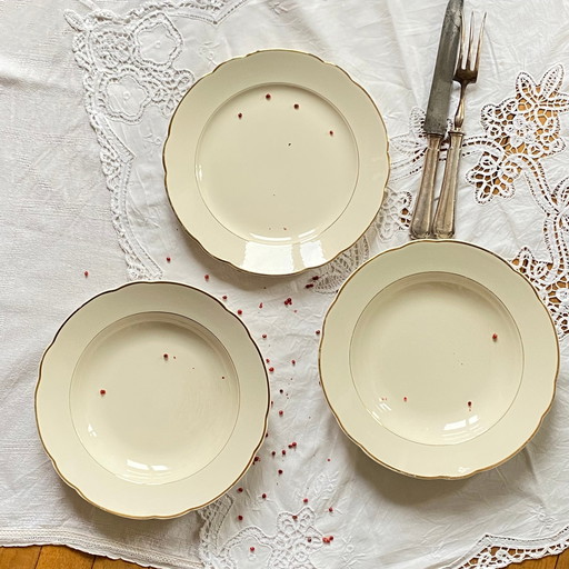 Set van 3 Villeroy Et Boch Antiek Beige en Verguld Aardewerk Platte Servies Borden