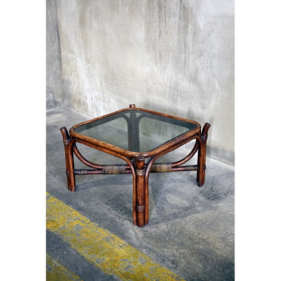 Image 1 of Paar vintage leren en rotan stoelen 1970