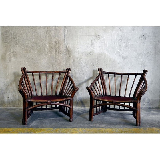 Image 1 of Paar vintage leren en rotan stoelen 1970