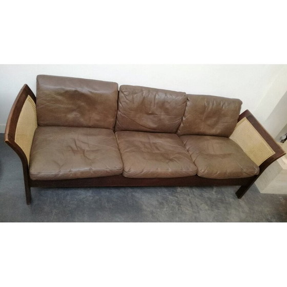 Image 1 of Vintage Scandinavische rieten en lederen bank door Thams Kvalitet voor Polstermobelfabrik, jaren 1960