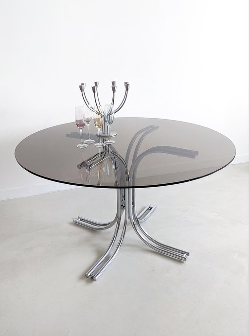 Italiaanse Chrome & Rookglas Eettafel 1970's