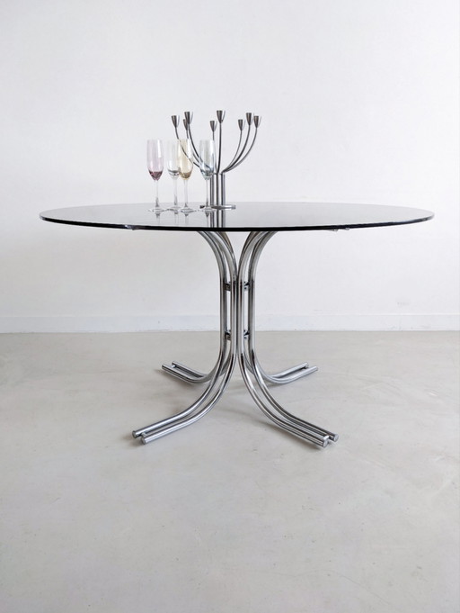 Italiaanse Chrome & Rookglas Eettafel 1970's