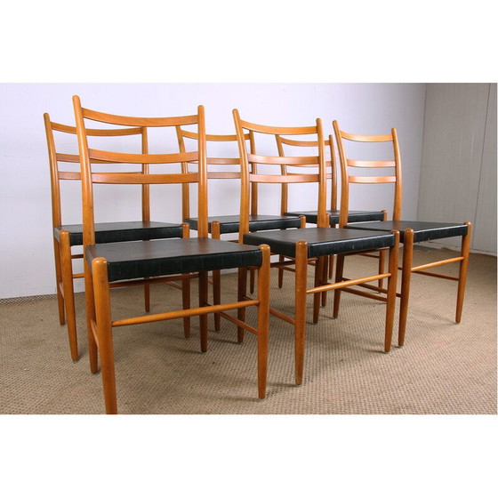 Image 1 of Set van 6 vintage iepen en zwarte Skai stoelen van Yngve Ekstrom voor Gemla, Zweden 1960