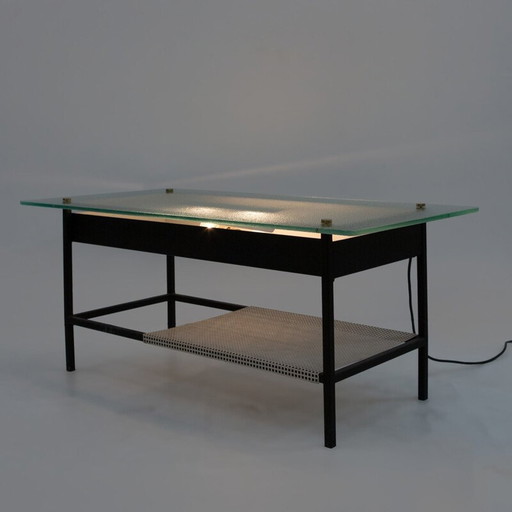 Vintage glazen en zwart metalen salontafel van Robert Mathieu, 1950