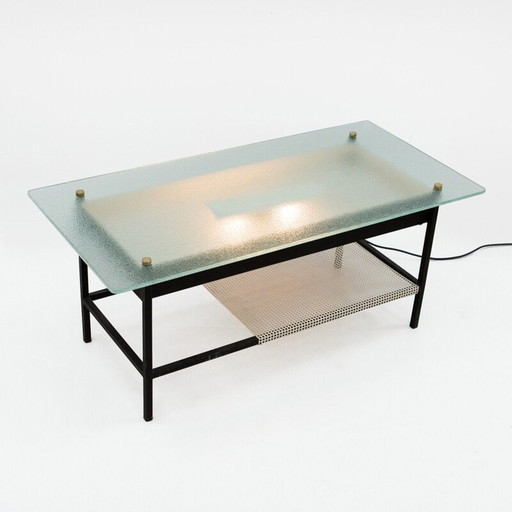 Vintage glazen en zwart metalen salontafel van Robert Mathieu, 1950