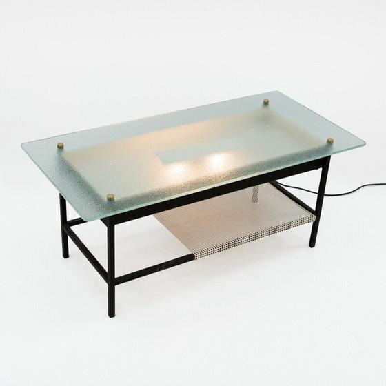 Image 1 of Vintage glazen en zwart metalen salontafel van Robert Mathieu, 1950