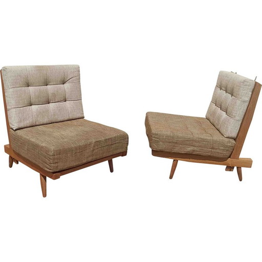 Paar vintage massief teakhouten fauteuils met kussens, 1960