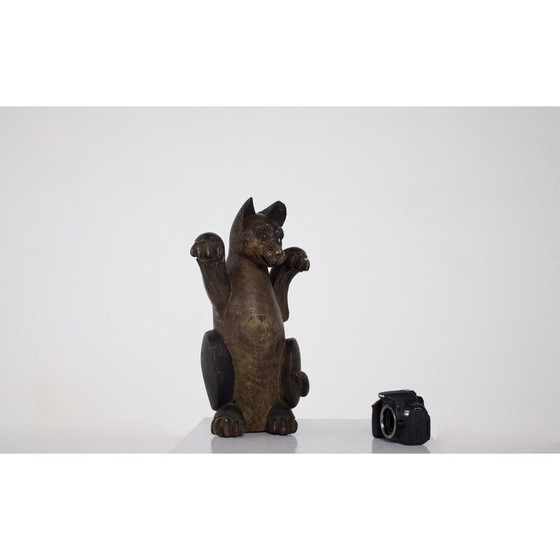 Image 1 of Vintage Maneki-Neko houten en glazen sculptuur, Japan 1850