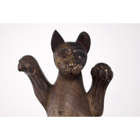 Image 1 of Vintage Maneki-Neko houten en glazen sculptuur, Japan 1850