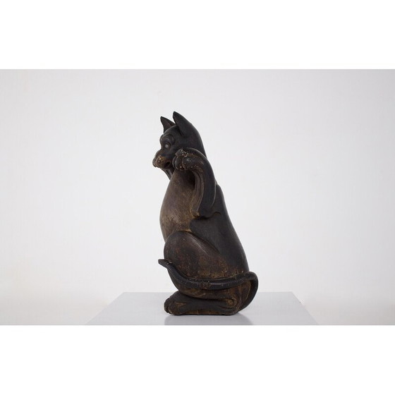 Image 1 of Vintage Maneki-Neko houten en glazen sculptuur, Japan 1850