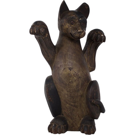 Vintage Maneki-Neko houten en glazen sculptuur, Japan 1850