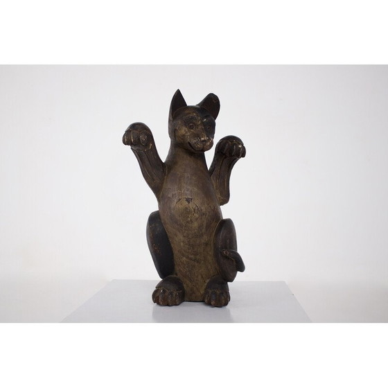 Image 1 of Vintage Maneki-Neko houten en glazen sculptuur, Japan 1850