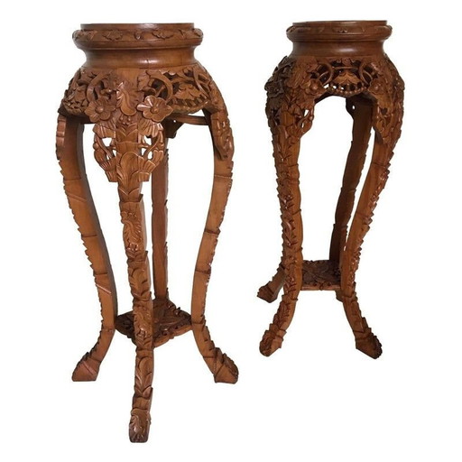 Set van 2 vintage grote bruine handgesneden sidetable 1940