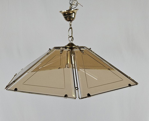 Zeshoekige hanglamp in messing en rookglas