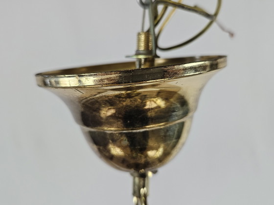 Image 1 of Zeshoekige hanglamp in messing en rookglas