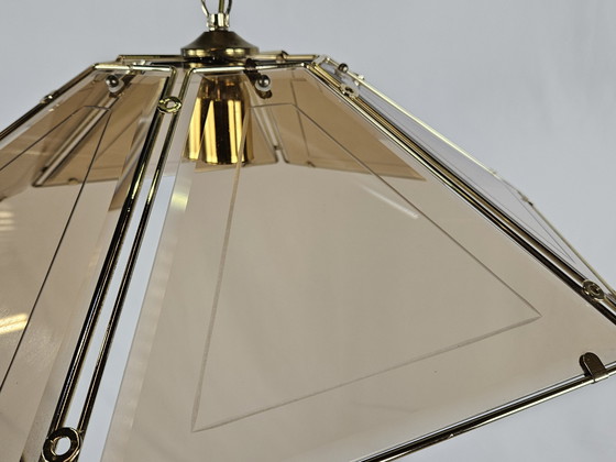 Image 1 of Zeshoekige hanglamp in messing en rookglas